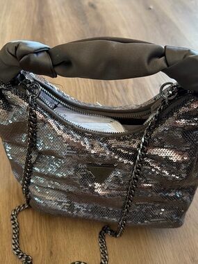 Guess Gunmetal Sequin Shoulder Bag with Chain Strap